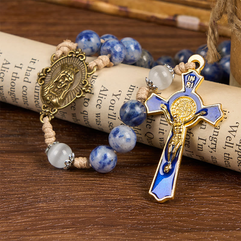 Christianartworkshop GEBETSVOLLER GLAUBE: Runder Rosenkranz aus Nylonschnur mit blauem Stein und Geschenkkarte - image 13