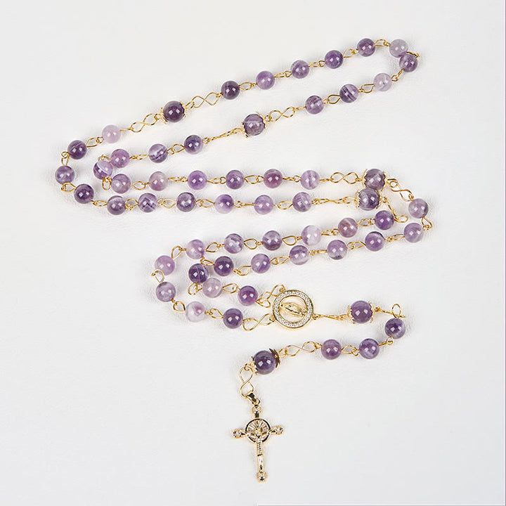 Christianartworkshop Rosenkranz „Unsere Liebe Frau von Guadalupe“ und Kruzifix aus 8 mm rundem violettem Kristall
