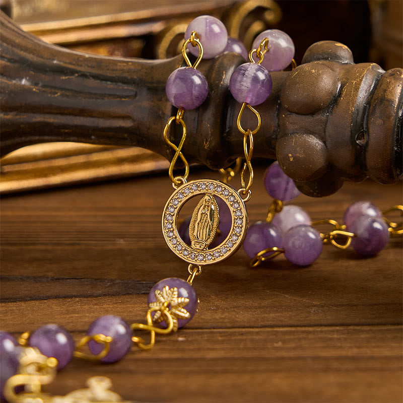 Christianartworkshop Rosenkranz „Unsere Liebe Frau von Guadalupe“ und Kruzifix aus 8 mm rundem violettem Kristall