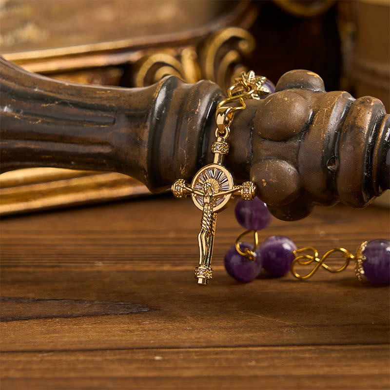 Christianartworkshop Rosenkranz „Unsere Liebe Frau von Guadalupe“ und Kruzifix aus 8 mm rundem violettem Kristall