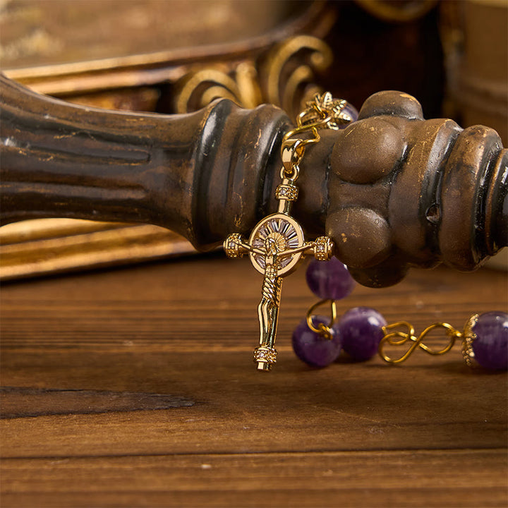 Christianartworkshop Rosenkranz „Unsere Liebe Frau von Guadalupe“ und Kruzifix aus 8 mm rundem violettem Kristall