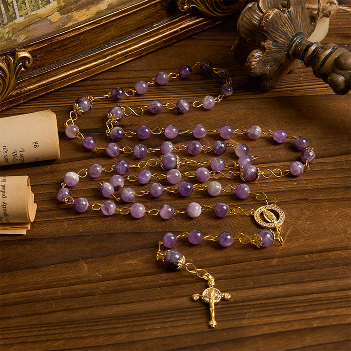 Christianartworkshop Rosenkranz „Unsere Liebe Frau von Guadalupe“ und Kruzifix aus 8 mm rundem violettem Kristall