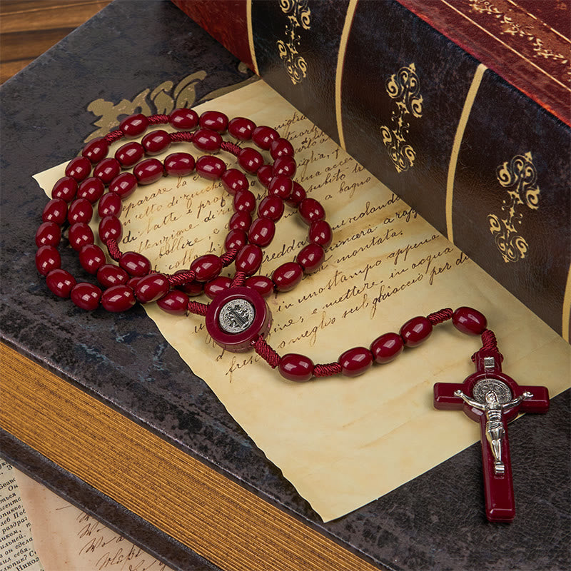 Christianartworkshop Rosenkranz mit St. Benedikt und Kruzifix, ovale Perlen, 8 x 10 mm, drei zeitlose Farben
