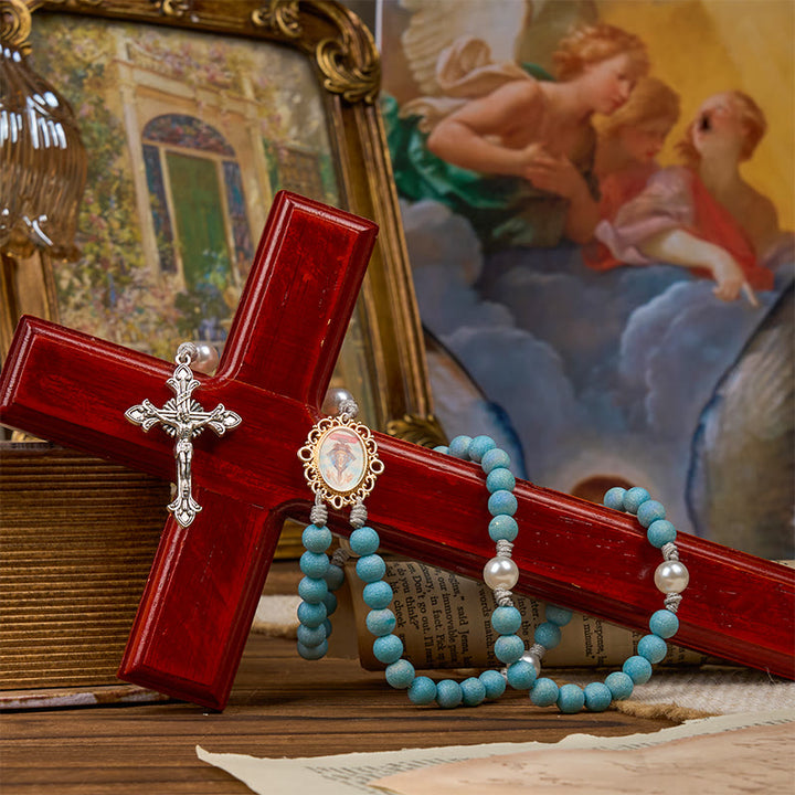 Christianartworkshop Rosenkranz „Unsere Liebe Frau und Kruzifix“ aus 8 mm funkelnden Glasperlen in Sandoptik, handgefertigt