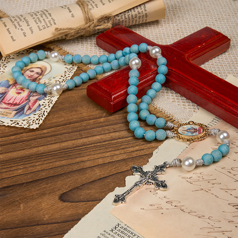 Christianartworkshop Rosenkranz „Unsere Liebe Frau und Kruzifix“ aus 8 mm funkelnden Glasperlen in Sandoptik, handgefertigt