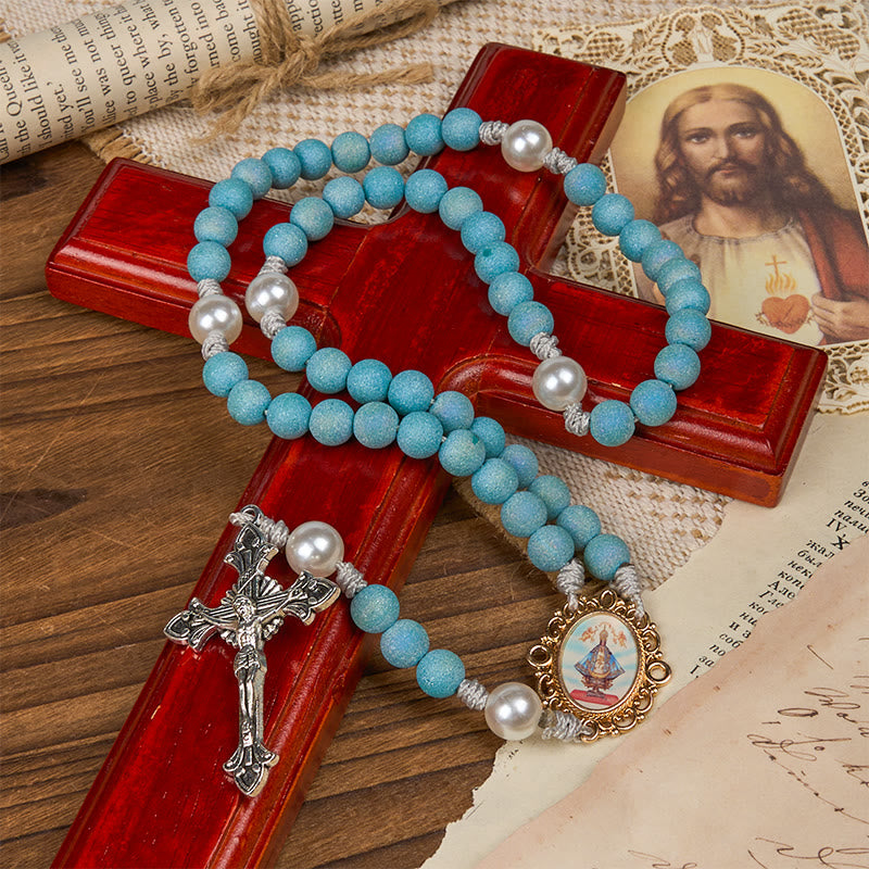 Christianartworkshop Rosenkranz „Unsere Liebe Frau und Kruzifix“ aus 8 mm funkelnden Glasperlen in Sandoptik, handgefertigt
