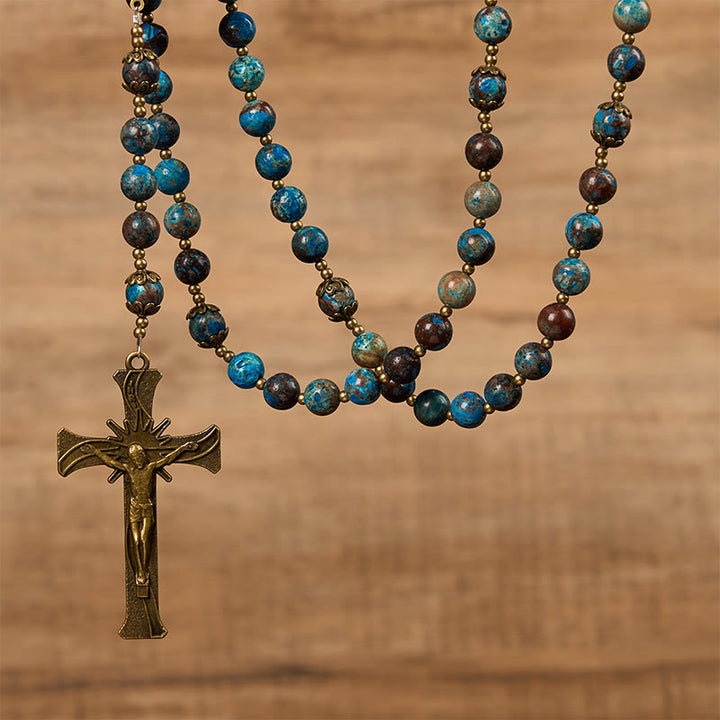 Christianartworkshop Handgefertigter Rosenkranz mit blauen Musterperlen: Wundertätige Medaille und Kruzifix aus 8 mm echtem Larimar-Stein