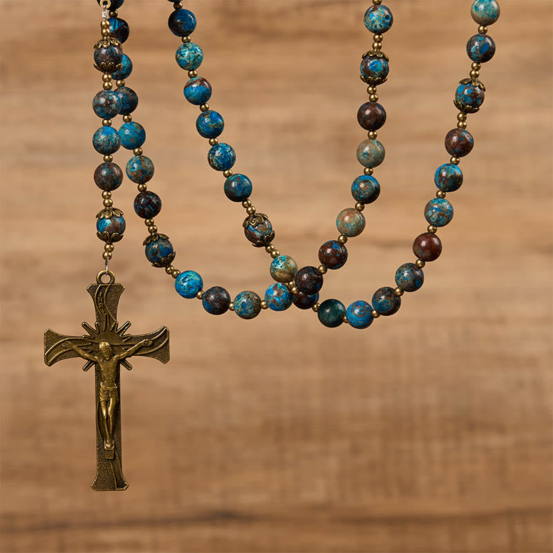 Christianartworkshop „Jesus ist das Geschenk“: Blaue Perlen mit Muster, handgefertigter Rosenkranz aus echtem Larimar-Stein - image 10