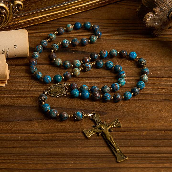 Christianartworkshop Handgefertigter Rosenkranz mit blauen Musterperlen: Wundertätige Medaille und Kruzifix aus 8 mm echtem Larimar-Stein