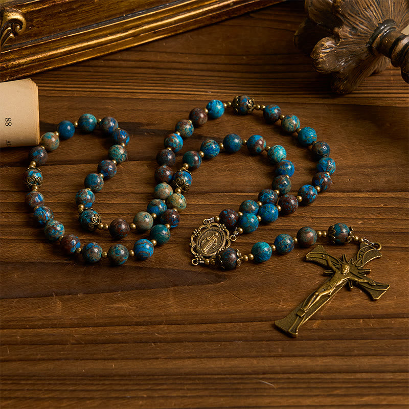 Christianartworkshop Handgefertigter Rosenkranz mit blauen Musterperlen: Wundertätige Medaille und Kruzifix aus 8 mm echtem Larimar-Stein