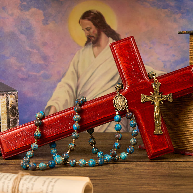 Christianartworkshop Handgefertigter Rosenkranz mit blauen Musterperlen: Wundertätige Medaille und Kruzifix aus 8 mm echtem Larimar-Stein