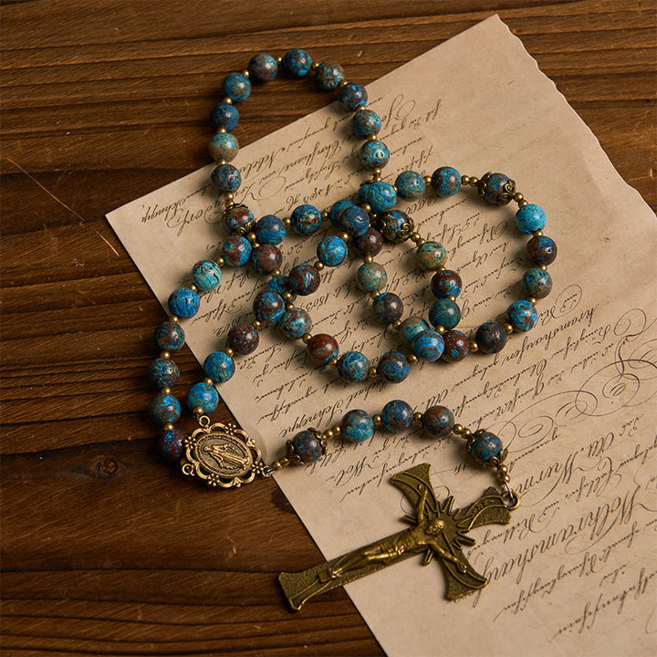 Christianartworkshop Handgefertigter Rosenkranz mit blauen Musterperlen: Wundertätige Medaille und Kruzifix aus 8 mm echtem Larimar-Stein