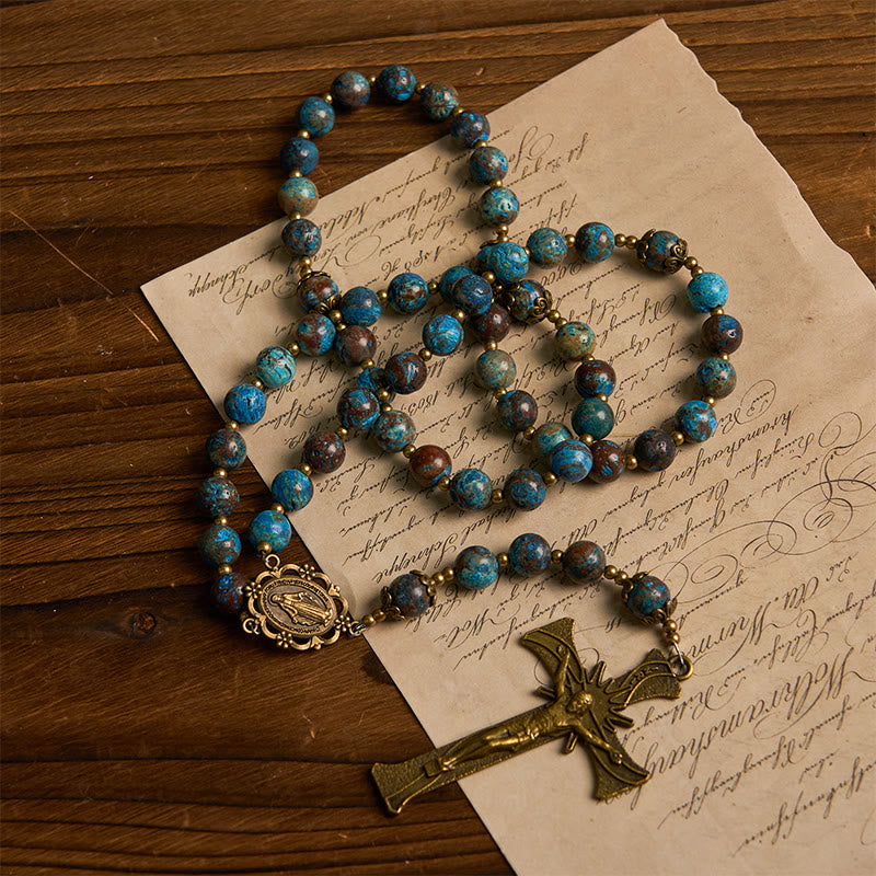 Christianartworkshop „Jesus ist das Geschenk“: Blaue Perlen mit Muster, handgefertigter Rosenkranz aus echtem Larimar-Stein - image 6