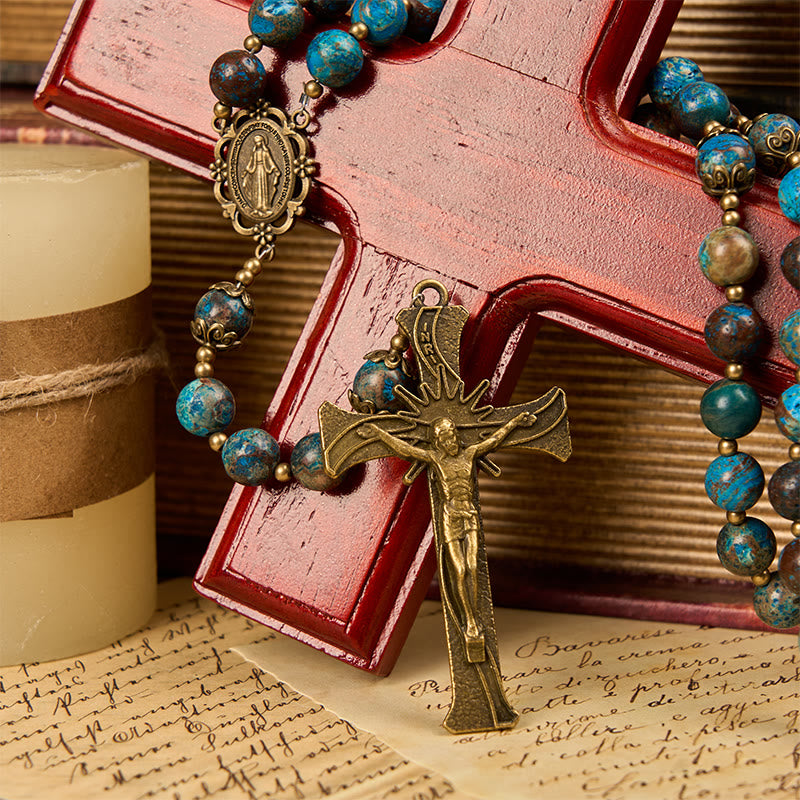 Christianartworkshop Handgefertigter Rosenkranz mit blauen Musterperlen: Wundertätige Medaille und Kruzifix aus 8 mm echtem Larimar-Stein