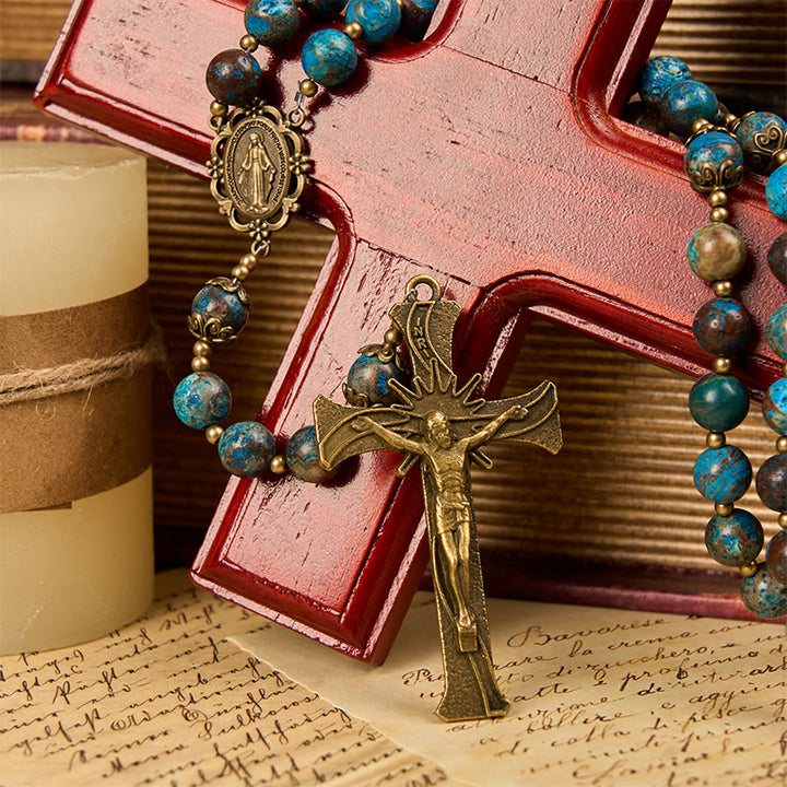 Christianartworkshop Handgefertigter Rosenkranz mit blauen Musterperlen: Wundertätige Medaille und Kruzifix aus 8 mm echtem Larimar-Stein