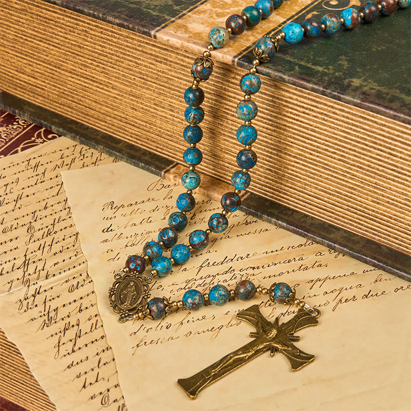Christianartworkshop Handgefertigter Rosenkranz mit blauen Musterperlen: Wundertätige Medaille und Kruzifix aus 8 mm echtem Larimar-Stein