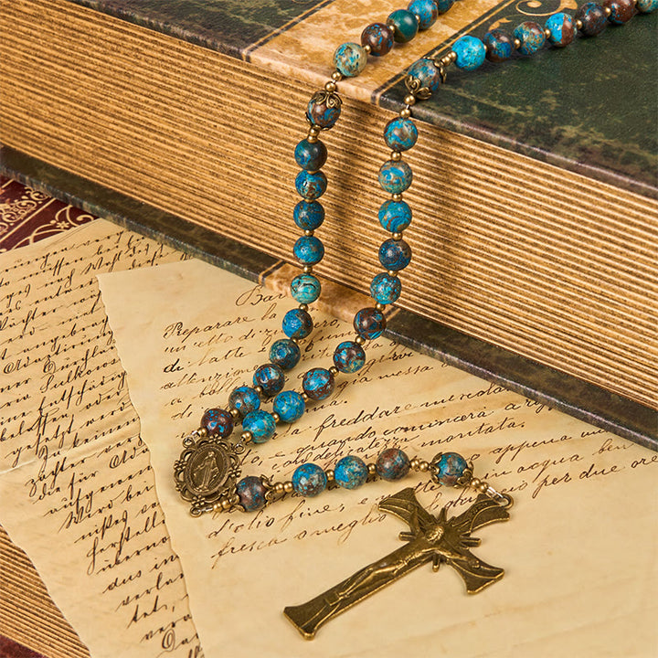Christianartworkshop Handgefertigter Rosenkranz mit blauen Musterperlen: Wundertätige Medaille und Kruzifix aus 8 mm echtem Larimar-Stein