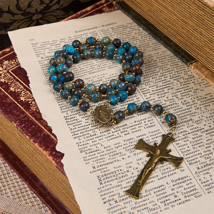 Christianartworkshop Handgefertigter Rosenkranz mit blauen Musterperlen: Wundertätige Medaille und Kruzifix aus 8 mm echtem Larimar-Stein
