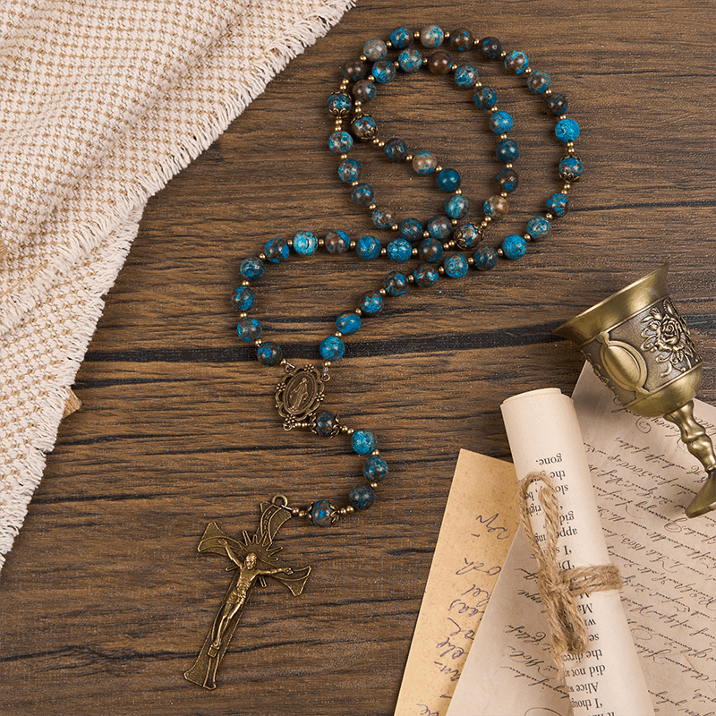 Christianartworkshop Handgefertigter Rosenkranz mit blauen Musterperlen: Wundertätige Medaille und Kruzifix aus 8 mm echtem Larimar-Stein