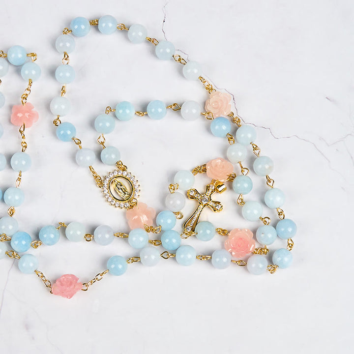Christianartworkshop Rosenkranz mit Unsere Liebe Frau von Guadalupe und Kruzifix aus 8 mm handgefertigten blauen Aquamarin-Chalcedon-Perlen - image 11