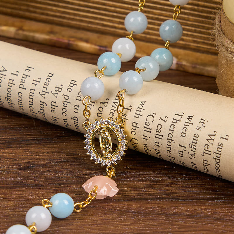 Christianartworkshop Rosenkranz mit Unsere Liebe Frau von Guadalupe und Kruzifix aus 8 mm handgefertigten blauen Aquamarin-Chalcedon-Perlen - image 8