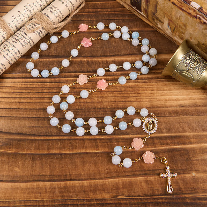Christianartworkshop Rosenkranz mit Unsere Liebe Frau von Guadalupe und Kruzifix aus 8 mm handgefertigten blauen Aquamarin-Chalcedon-Perlen - image 6