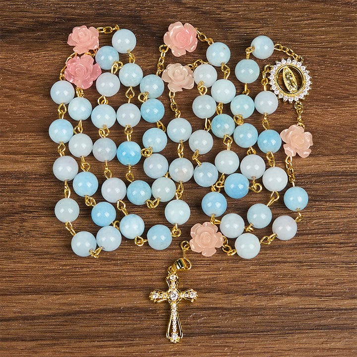 Christianartworkshop Rosenkranz mit Unsere Liebe Frau von Guadalupe und Kruzifix aus 8 mm handgefertigten blauen Aquamarin-Chalcedon-Perlen - image 5