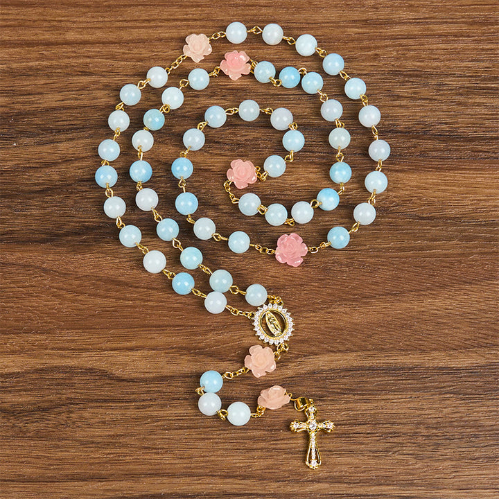 Christianartworkshop Rosenkranz mit Unsere Liebe Frau von Guadalupe und Kruzifix aus 8 mm handgefertigten blauen Aquamarin-Chalcedon-Perlen - Aquamarin Chalcedon Perlen - image 1