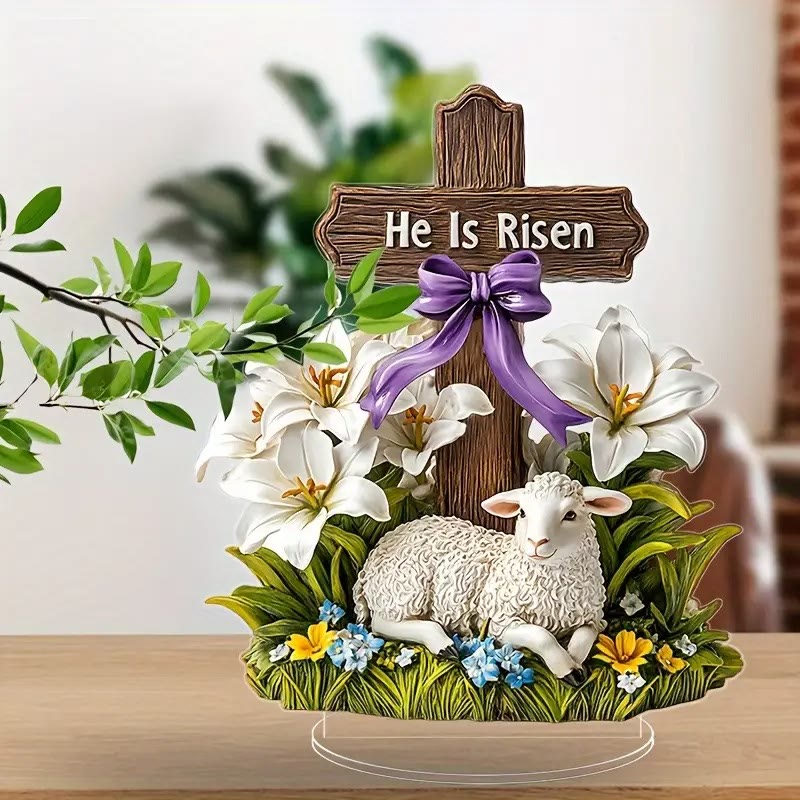 Christianartworkshop Osterauferstehung mit Kreuz und Lamm „Er ist auferstanden“ – Flacher Ornament - Er ist auferstanden - image 0