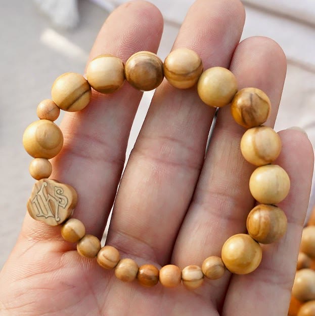 Christianartworkshop Armband aus Olivenholz mit Rosenkranz, tragbar, elastisch