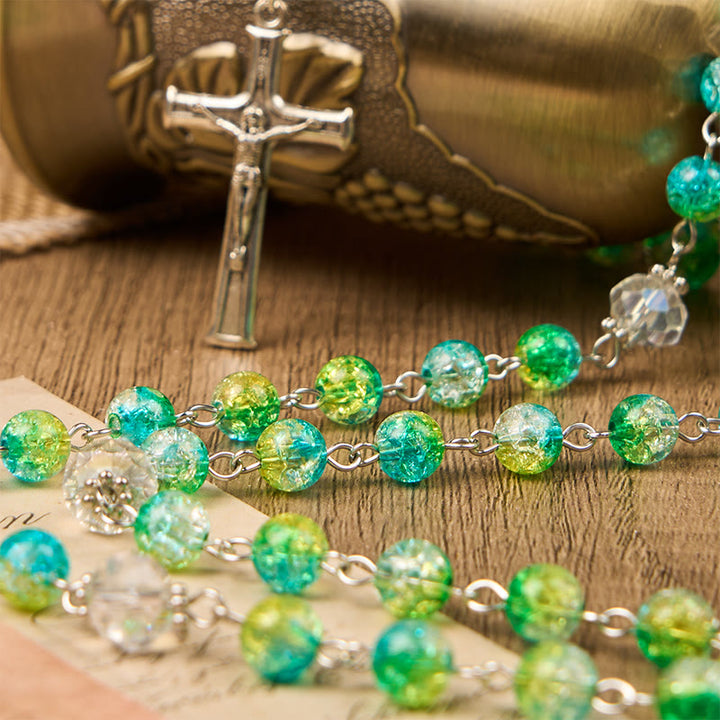 Christianartworkshop St. Benedikt-Medaille und Kruzifix aus 8 mm rundem Rosenkranz mit grünem Edelstein