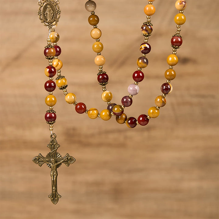 Christianartworkshop Wundertätige Medaille und Kruzifix aus 8 mm natürlichem Jade-Rosenkranz aus Eigelb – handgefertigte Rosenkranzperlen