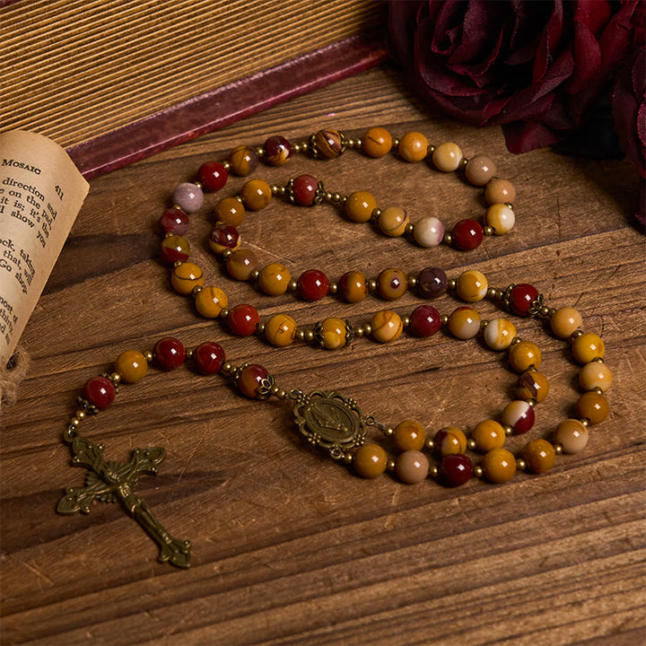 Christianartworkshop Wundertätige Medaille und Kruzifix aus 8 mm natürlichem Jade-Rosenkranz aus Eigelb – handgefertigte Rosenkranzperlen