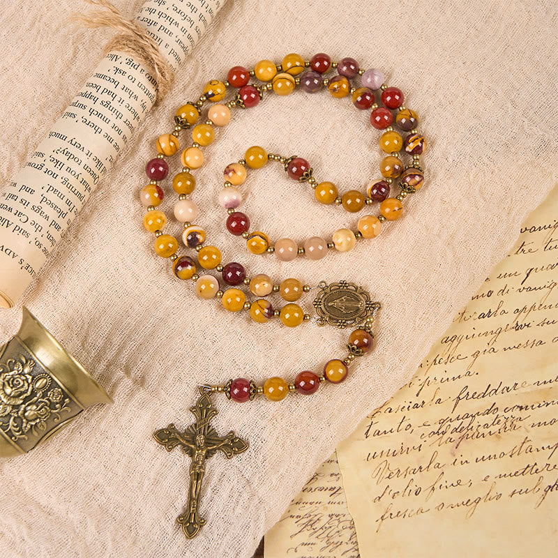 Christianartworkshop Wundertätige Medaille und Kruzifix aus 8 mm natürlichem Jade-Rosenkranz aus Eigelb – handgefertigte Rosenkranzperlen