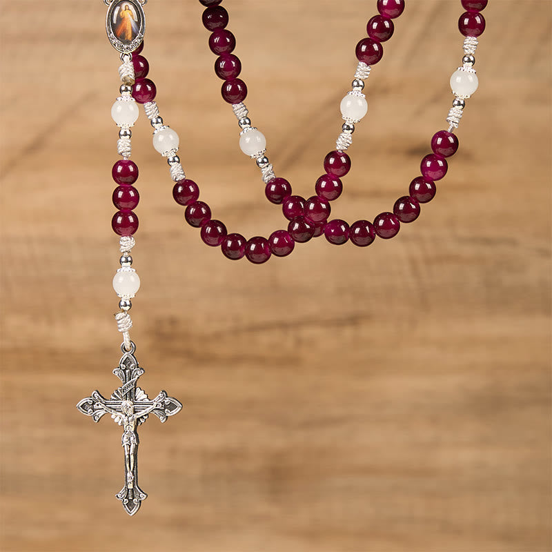 Christianartworkshop Rosenkranz mit Göttlicher Barmherzigkeit und Kruzifix aus 8 mm Granat-Chalcedon – handgefertigte göttliche Perlen
