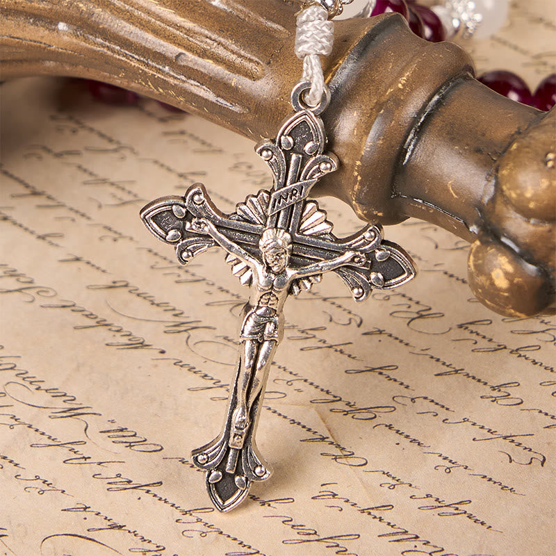 Christianartworkshop Rosenkranz mit Göttlicher Barmherzigkeit und Kruzifix aus 8 mm Granat-Chalcedon – handgefertigte göttliche Perlen