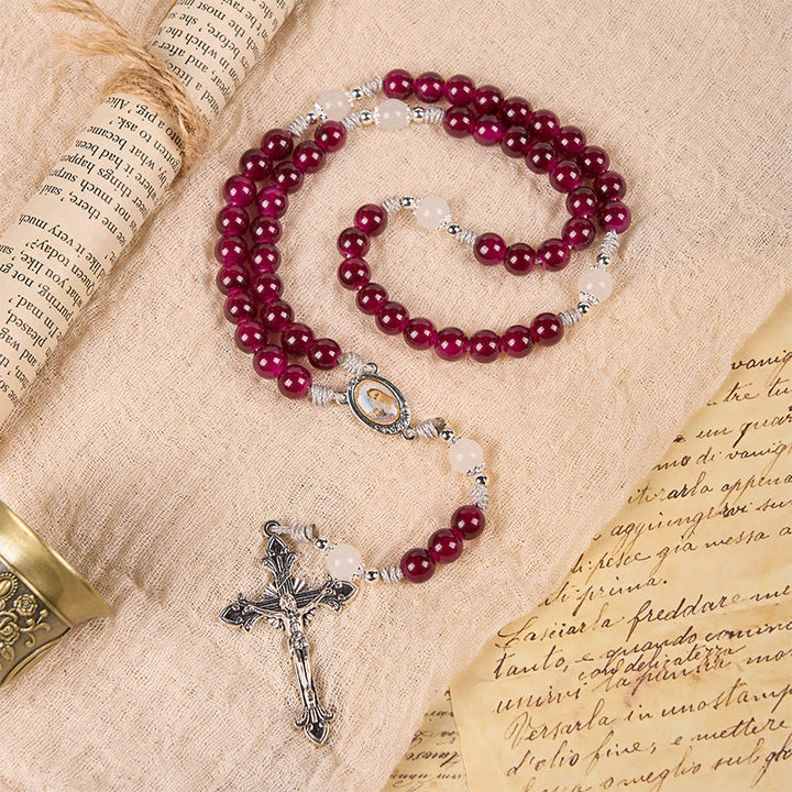 Christianartworkshop Rosenkranz mit Göttlicher Barmherzigkeit und Kruzifix aus 8 mm Granat-Chalcedon – handgefertigte göttliche Perlen