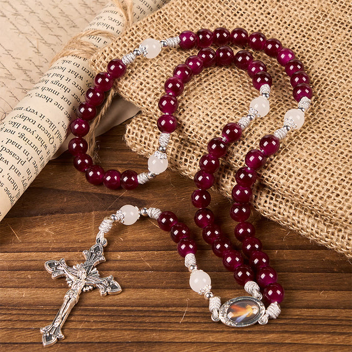 Christianartworkshop Rosenkranz mit Göttlicher Barmherzigkeit und Kruzifix aus 8 mm Granat-Chalcedon – handgefertigte göttliche Perlen