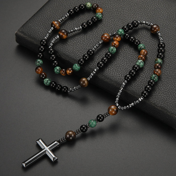 Christianartworkshop Gebetsrosenkranz aus afrikanischem Türkis und gelbem Tigerauge, 8 mm