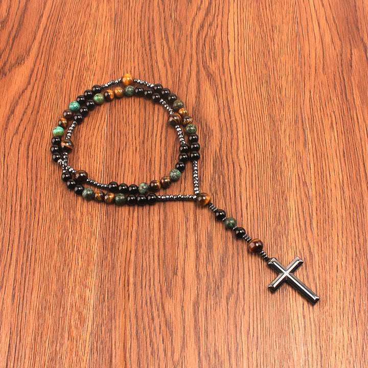 Christianartworkshop Gebetsrosenkranz aus afrikanischem Türkis und gelbem Tigerauge, 8 mm