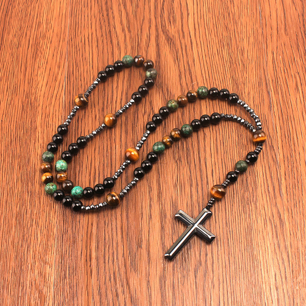 Christianartworkshop Gebetsrosenkranz aus afrikanischem Türkis und gelbem Tigerauge, 8 mm