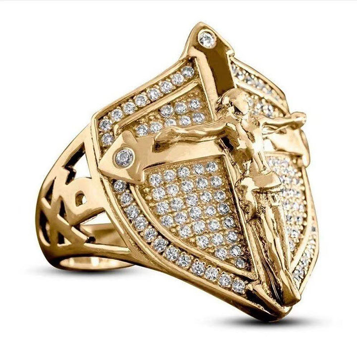 Christianartworkshop Divine Shield Kruzifix Luxuriöser Ring: Ein mutiges Testament des Glaubens und der Hingabe