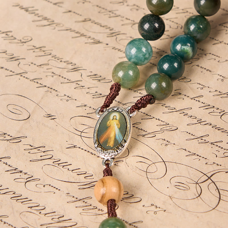 Christianartworkshop Jesus-Ikone und Kruzifix, 8 mm, natürlicher grüner Jade-Rosenkranz – handgefertigte Rosenkranzperlen