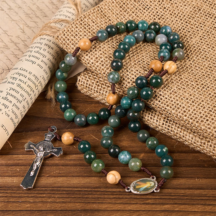 Christianartworkshop Jesus-Ikone und Kruzifix, 8 mm, natürlicher grüner Jade-Rosenkranz – handgefertigte Rosenkranzperlen