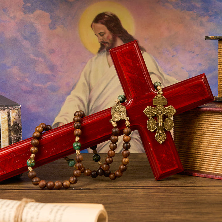 Christianartworkshop Rosenkranz Heilige Familie & Kruzifix aus 8 mm handgefertigtem Kiefernholz & afrikanischem Türkis
