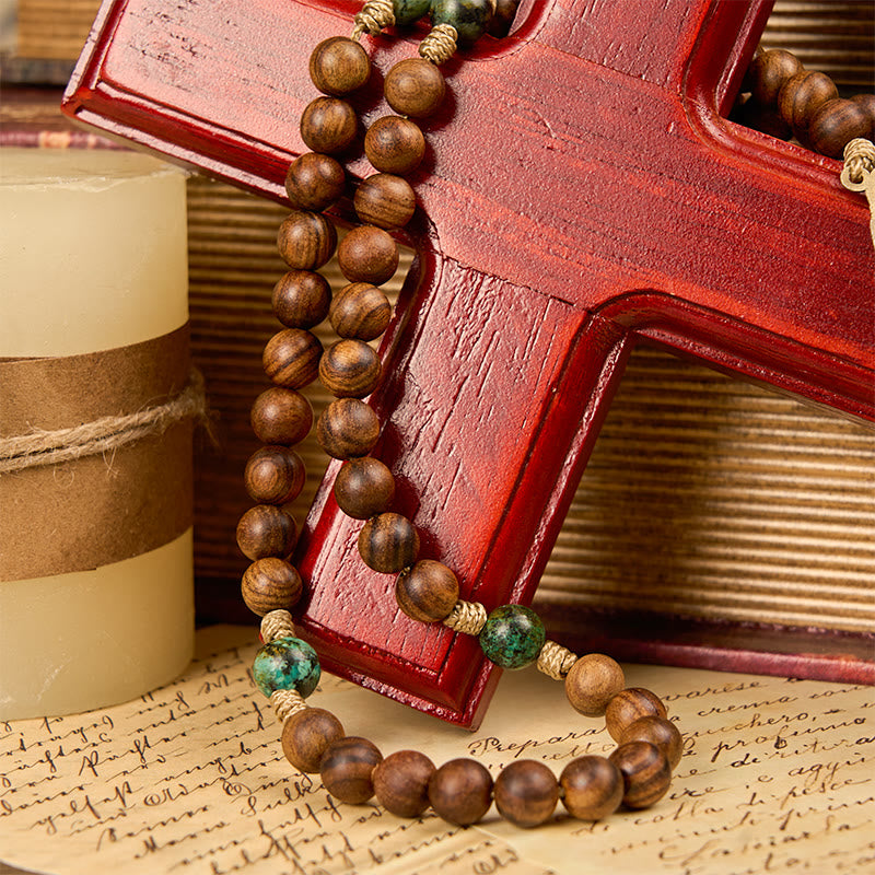 Christianartworkshop Rosenkranz Heilige Familie & Kruzifix aus 8 mm handgefertigtem Kiefernholz & afrikanischem Türkis