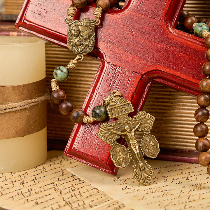 Christianartworkshop Rosenkranz Heilige Familie & Kruzifix aus 8 mm handgefertigtem Kiefernholz & afrikanischem Türkis