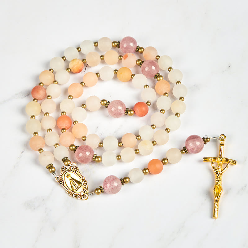 Christianartworkshop Rosenkranz „Unsere Liebe Frau und Kruzifix“ aus 8 mm handgefertigtem rosa Aventurin und Erdbeerquarz