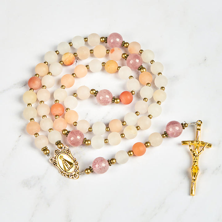 Christianartworkshop Rosenkranz „Unsere Liebe Frau und Kruzifix“ aus 8 mm handgefertigtem rosa Aventurin und Erdbeerquarz