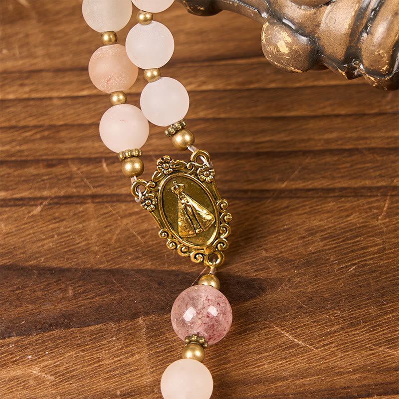 Christianartworkshop Rosenkranz „Unsere Liebe Frau und Kruzifix“ aus 8 mm handgefertigtem rosa Aventurin und Erdbeerquarz
